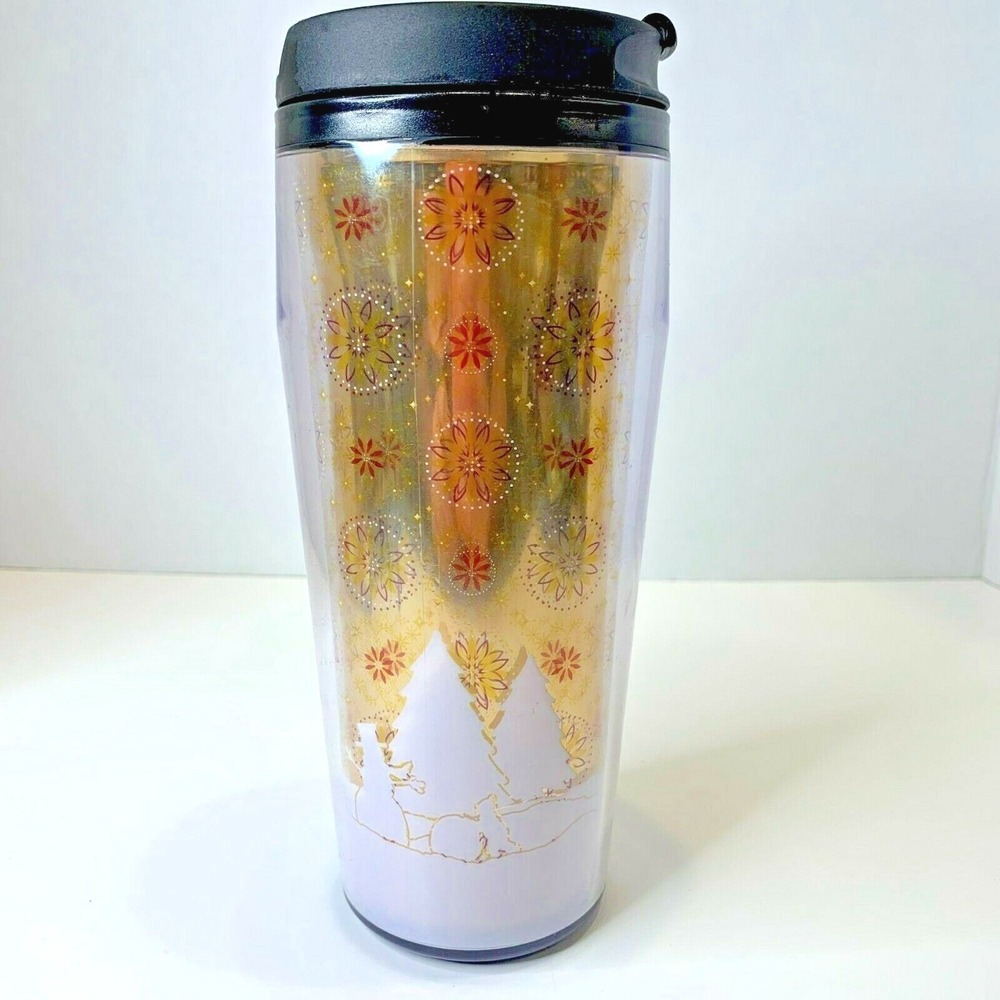 Starbucks‎ 2004 Holiday Winter Scene Gold Snowflake Travel Tumbler 16oz Mug Lid